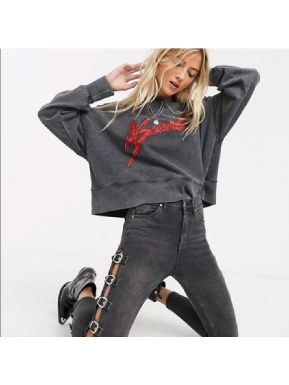 Allsaints Black Wash Piro Asaint Embroidered Oversized Sweatshirt Womens Medium